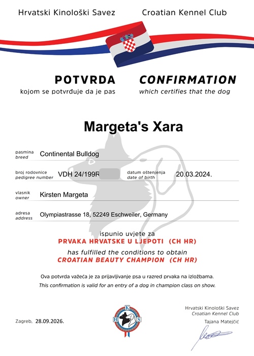 Champion-Titel - Margeta's Xara Zertifikat Champion Titel Continental Bulldog